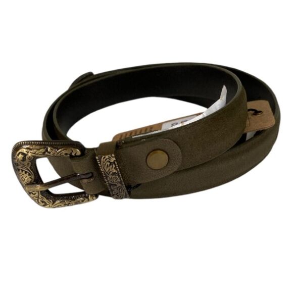 Genicci Olive Leather Belt Western Boho Texas Buckle Rustic Cottagecore XS–S - Picture 3 of 10